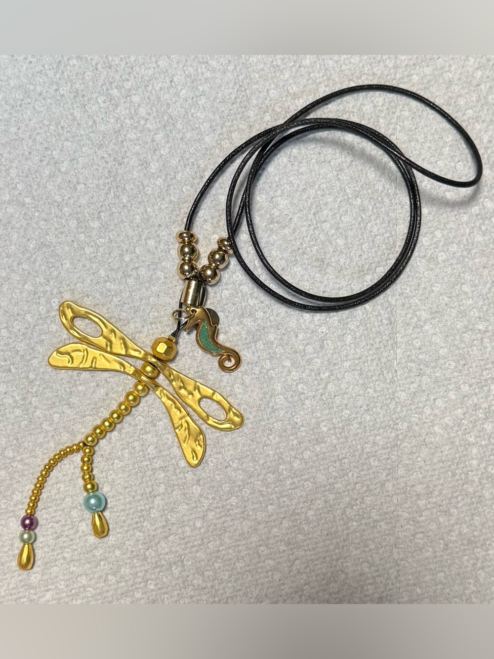 Gold Dragonfly Pendant Necklace with Black Cord